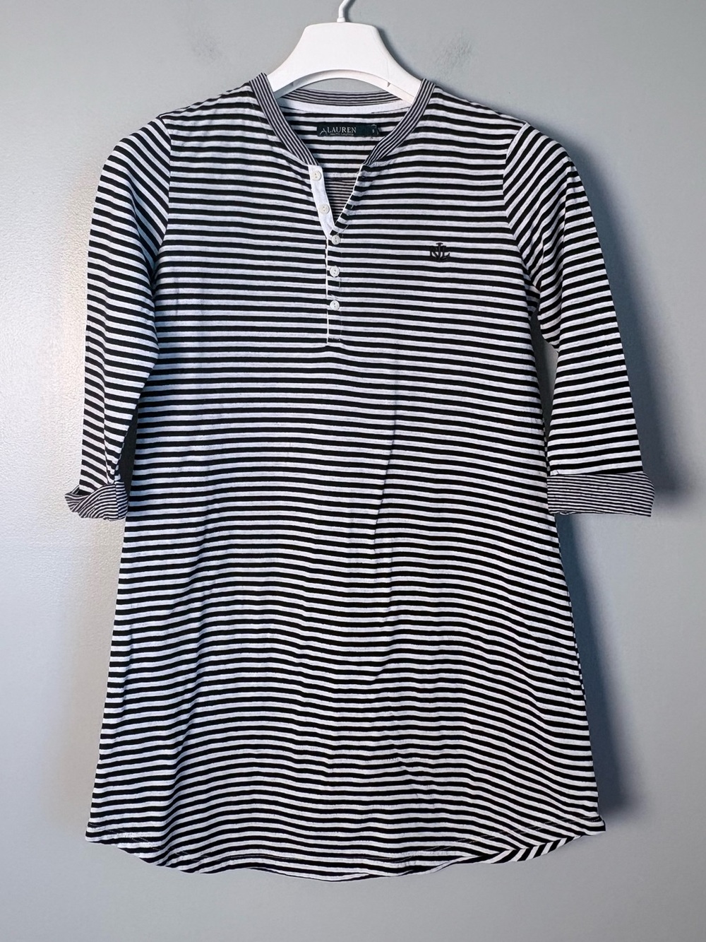 Lauren Ralph Lauren Womens S Black White Stripe Henley Tunic Top 3/4 Sleeve LRL